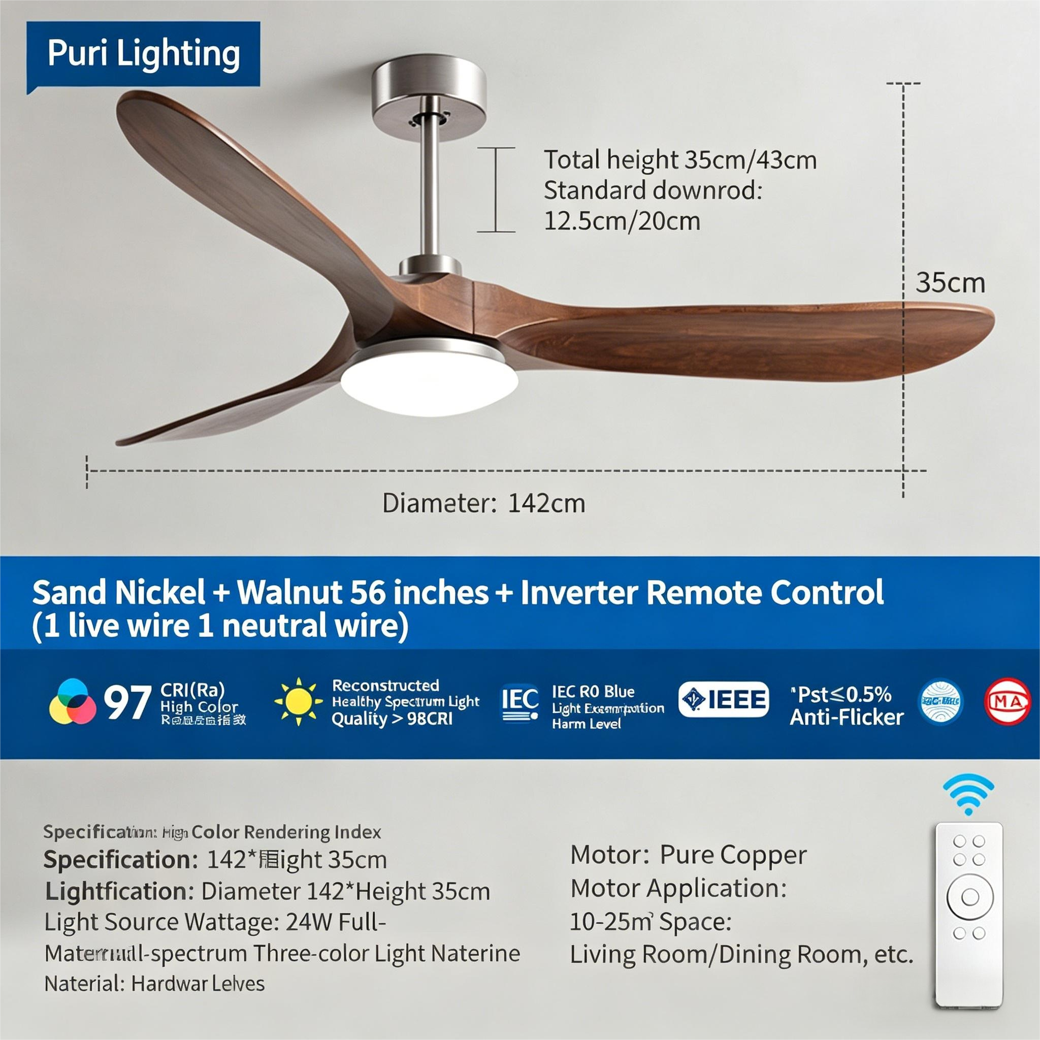 90 inch high wind solid wood ceiling fan light, variable frequency integrated electric fan light - Ceiling Fans | CHEERFUL Kenya image 5 detail view