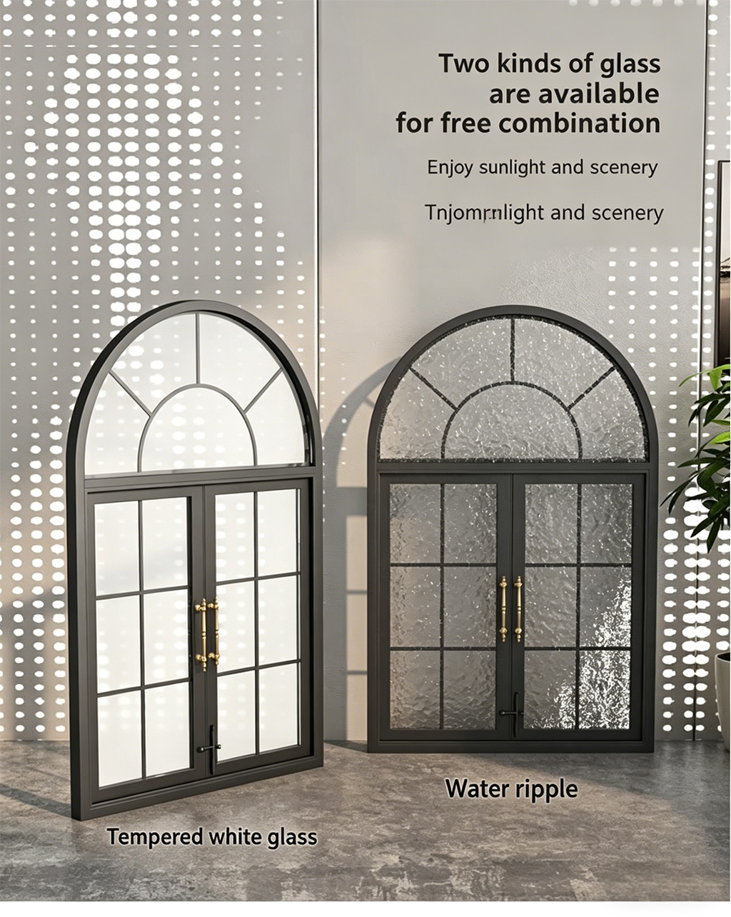 French-style vintage wrought iron casement windows, dining room metal arched floor-to-ceiling windows, study loft skylight glass windows - Door/Window | CHEERFUL Kenya detail view